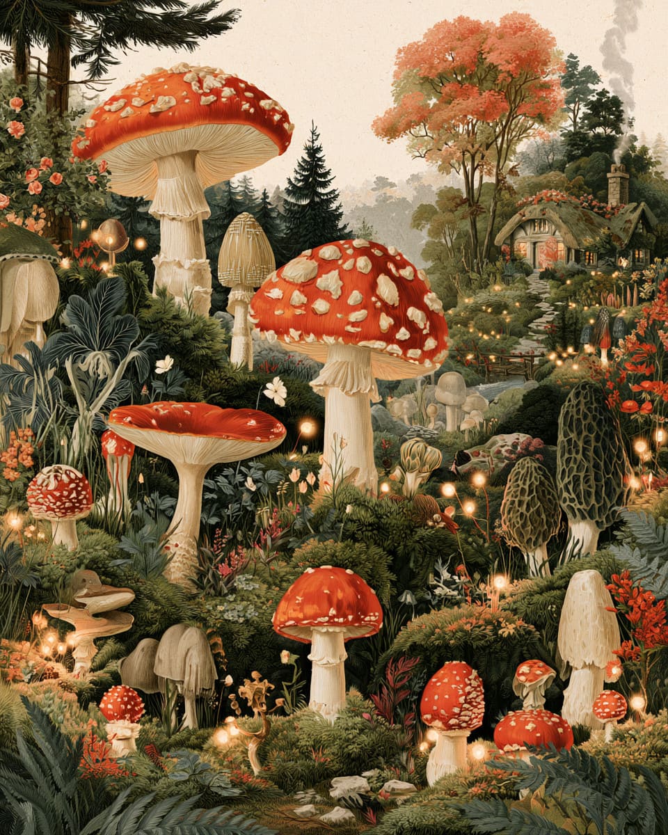 Ilustración paisaje setas en bosque con casa al fondo